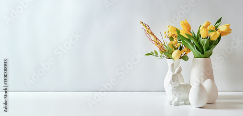 A white vase of yellow tulips and eggs on a white table