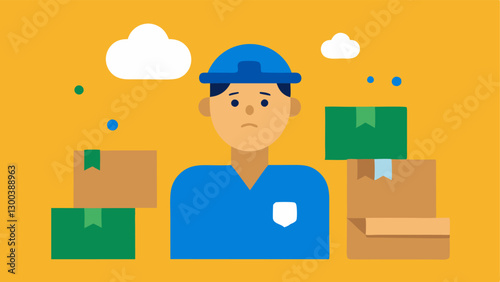 Wasteful Delivery An showing a delivery person surrounded by numerous cardboard boxes with a thought bubble depicting a cleaner wastefree option.