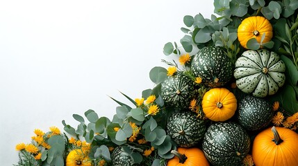 Autumn Pumpkins & Eucalyptus Arrangement on White Background