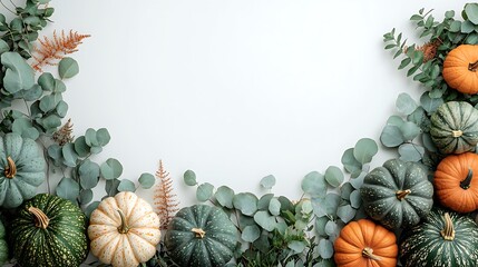 Autumn pumpkins and eucalyptus leaves border on white background