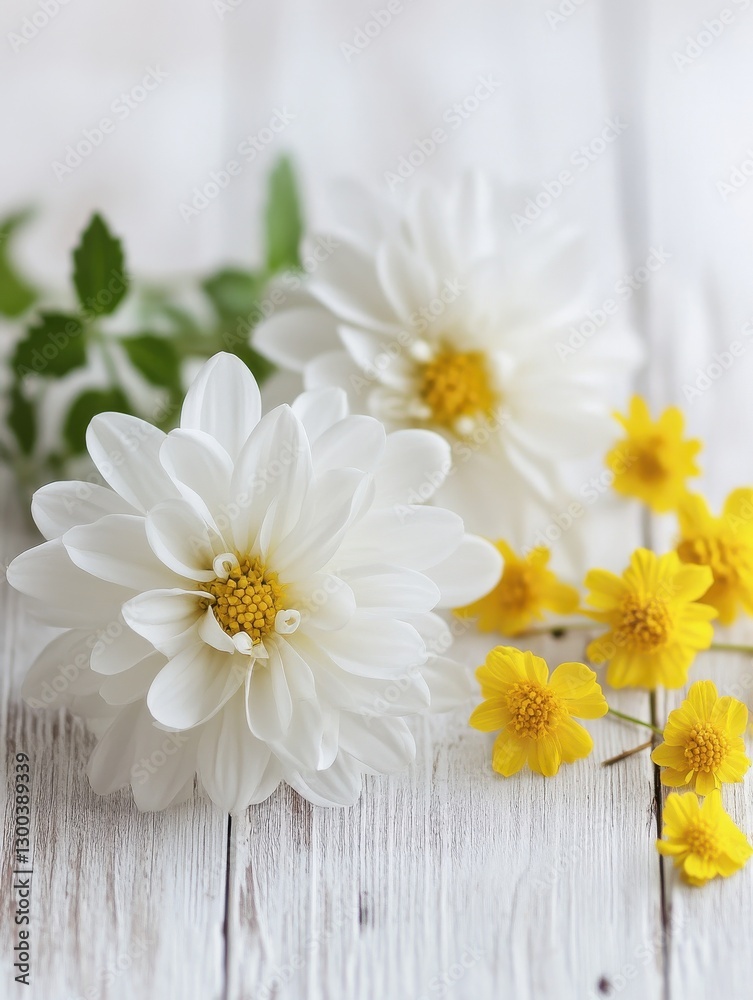 Obraz premium white chrysanthemum and yellow coltsfoot on white wooden background