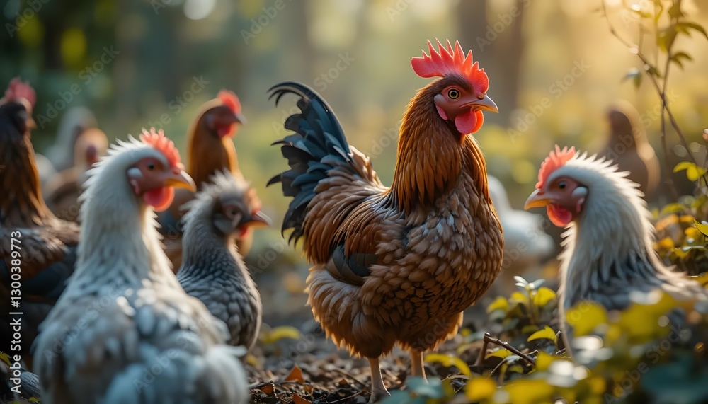 Fototapeta premium Rooster and Hens Foraging Freely in Natural Light on a Farm
