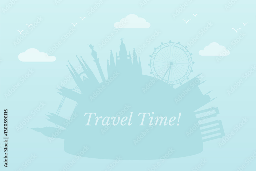Fototapeta premium Travel background with famous landmarks silhouette, clouds, birds and text Travel Time in elegant script. Minimalistic vacation banner. Flat vector illustration in 90s style.