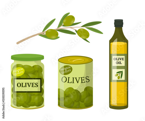 Olive products set. Branch with fresh olives, glass jar, tin can and bottle of premium olive oil. Mediterranean cuisine, food, agriculture, healthy eating themes. Flat vector illustrations set.