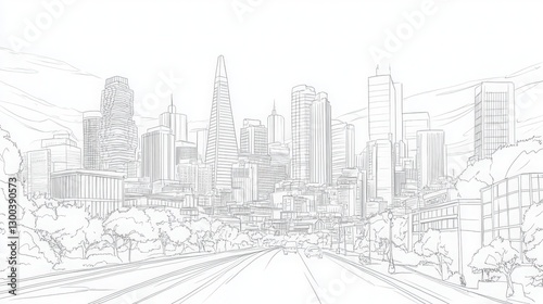 Architectural vista: dynamic line illustration of a bustling urban skyline