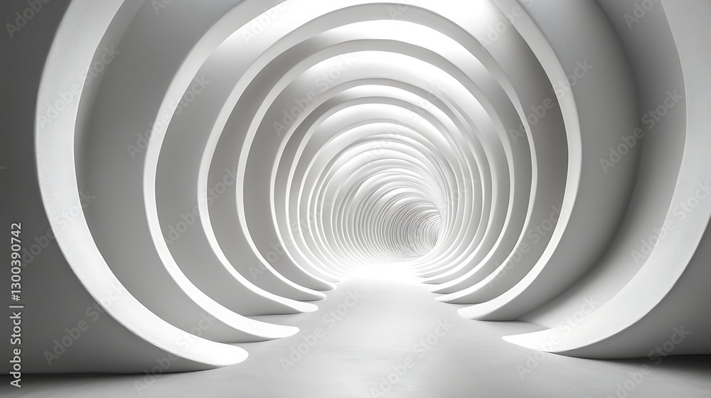 Abstract white architecture tunnel with repeating arches and bright light source at the end Abstract white architecture tunnel with repeating arches and bright light source at the end