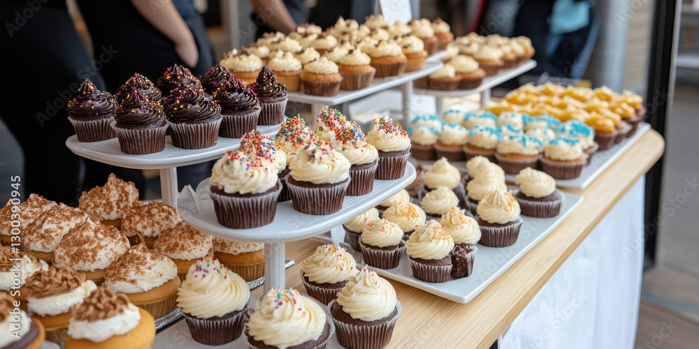 A delightful assortment of cupcakes featuring sprinkles and colorful frosting, capturing the joy of a bake sale. A delightful assortment of cupcakes featuring sprinkles and colorful frosting, capturing the joy of a bake sale.