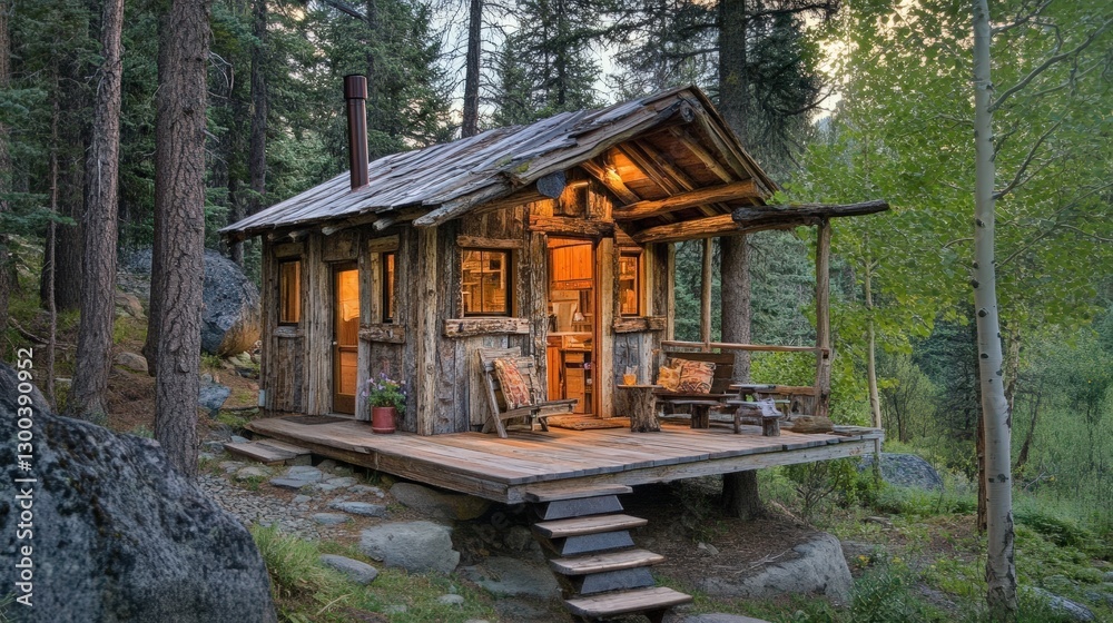 A rustic tiny cabin in the woods, built from reclaimed materials, offering a cozy retreat from modern life. A rustic tiny cabin in the woods, built from reclaimed materials, offering a cozy retreat from modern life.