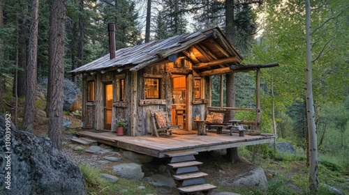 A rustic tiny cabin in the woods, built from reclaimed materials, offering a cozy retreat from modern life.