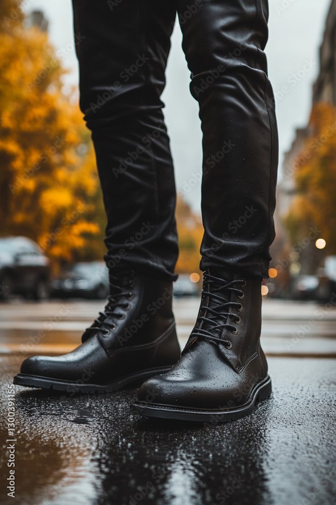 Man in black leather boots stands on wet pavement after rain Man in black leather boots stands on wet pavement after rain