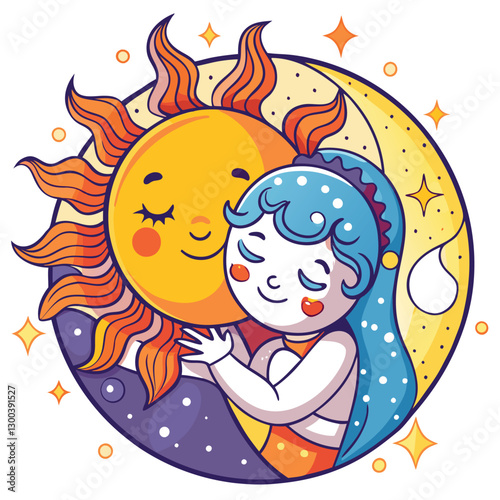 A celestial embrace sun and moon gently hugging, symbolizing the love and unity of opposing forces (Io, Jupiter's moon).