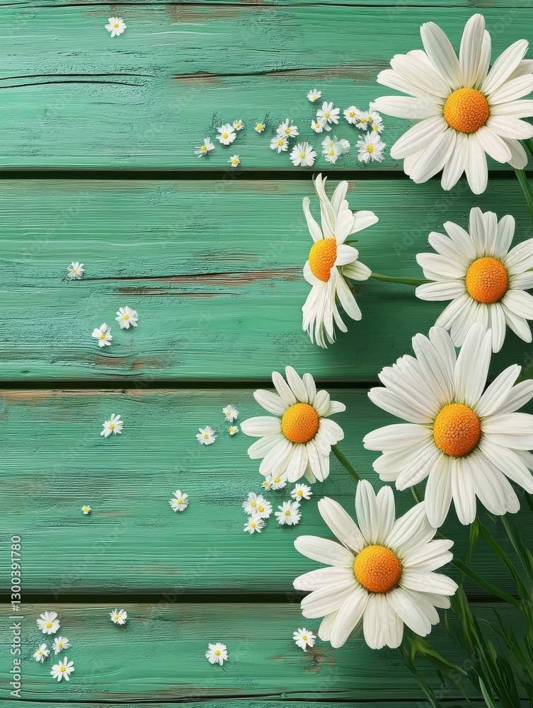 Obraz premium chamomile flowers on green wooden background