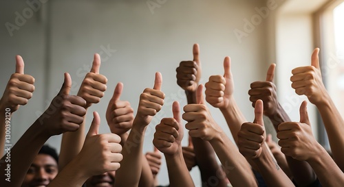 Hands showing thumbs up. Closeup of corporate professionals hand gesturing in the positive or affirmative.
