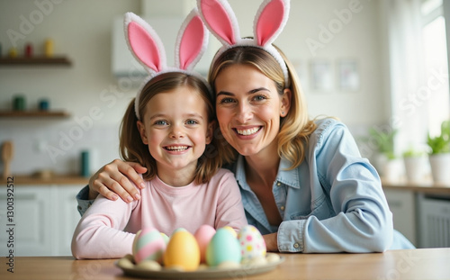 mother and daughter with easter bunny ears posing in the kitchen in front of easter eggs