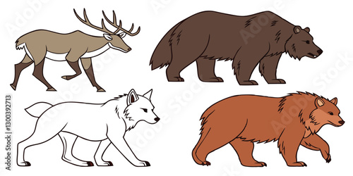 Alaskan Animals Vector Set – Moose, Lynx, Grizzly Bear, Wolf, Bison & More