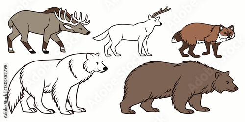 Alaskan Animals Vector Set – Moose, Lynx, Grizzly Bear, Wolf, Bison & More