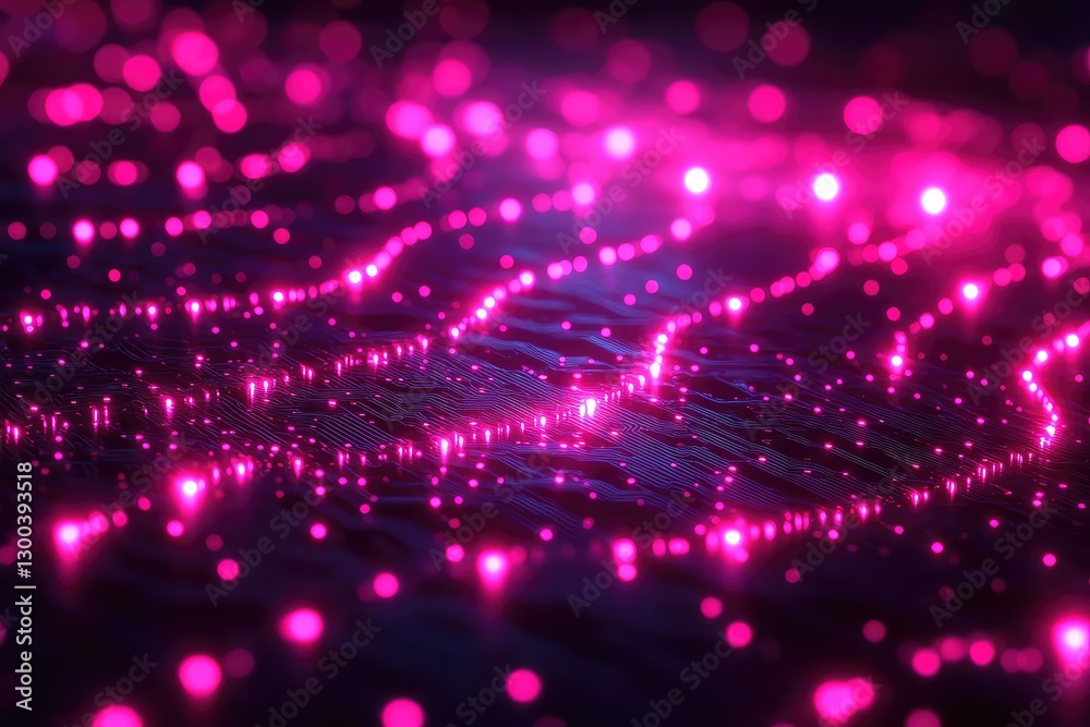 Fototapeta premium Vibrant pink light particles dance over a textured surface, creating an enchanting digital landscape