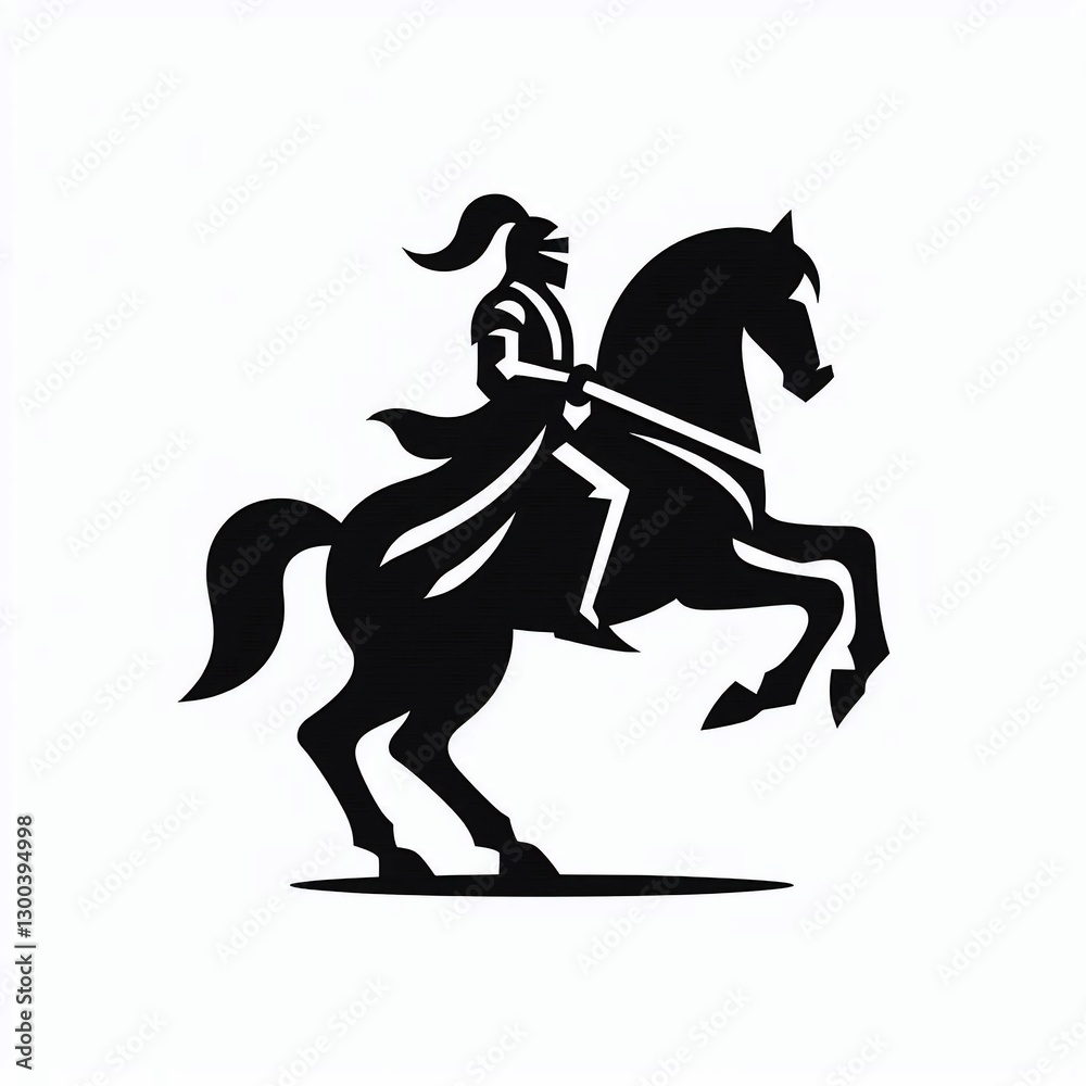 Silhouette of a knight in full armor riding a rearing horse. Silhouette of a knight in full armor riding a rearing horse.
