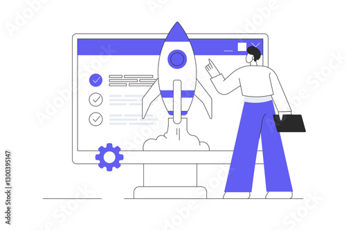Startup business concept. Businessman generates ideas, planning and launches new project. Flat Cartoon Vector Illustration, icon. Stylish abstract Flat design for website