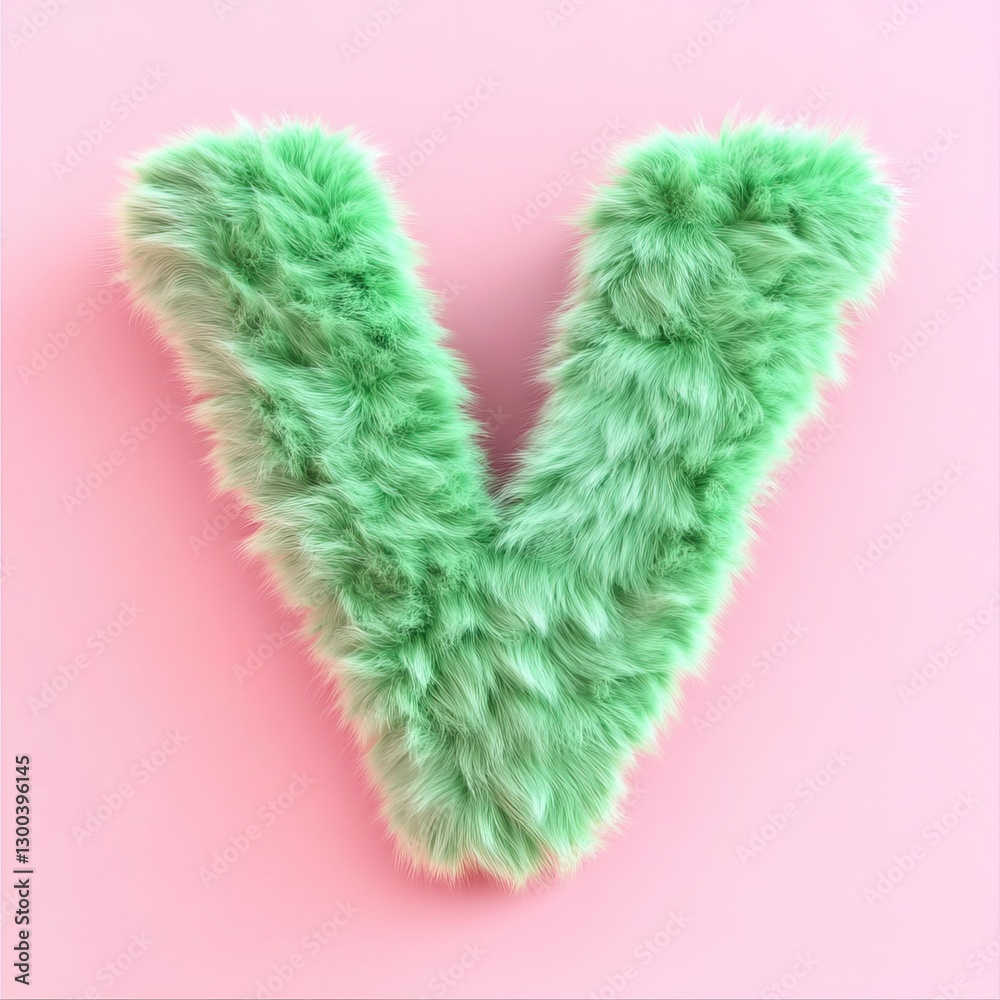 Alphabet made of fur. Mint Green fur letter V uppercase isolated on mint background. Alphabet made of fur. Mint Green fur letter V uppercase isolated on mint background.