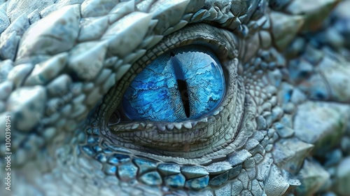 Close-up of a dragon's eye showcasing intricate scales and vibrant blue hues, set against a blurred natural background