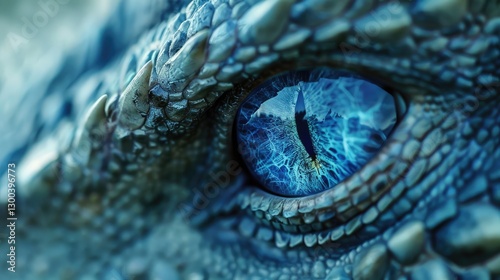 Close-up of a dragon's eye showcasing intricate scales and vibrant blue coloration, set against a blurred natural background