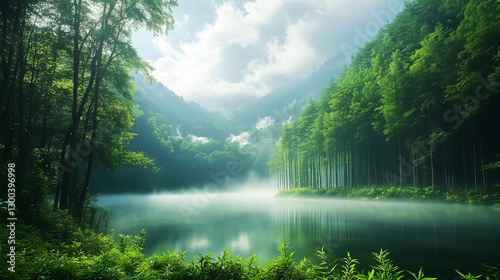 Mist gently swirls among towering bamboo stalks as the soft light of dawn filters through the foliage. Calm waters reflect the serene atmosphere, creating a perfect moment of tranquility