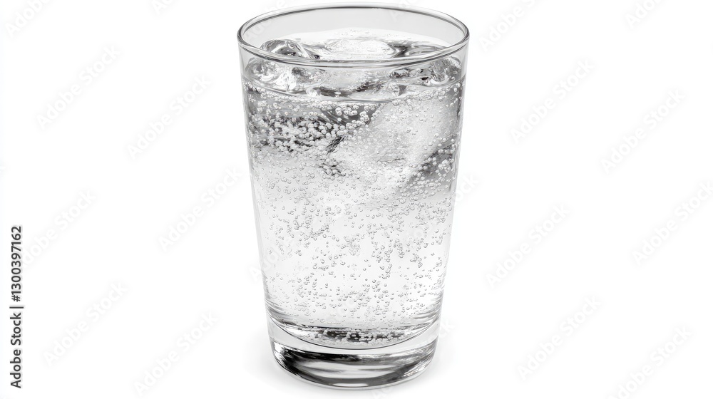 Clear Glass with Sparkling Water and Ice Cubes on White Background Clear Glass with Sparkling Water and Ice Cubes on White Background