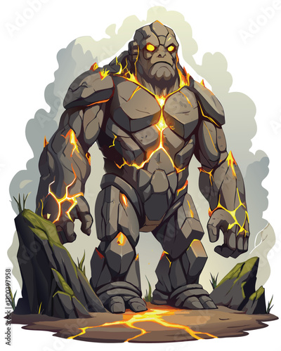 A colossal stone statue, weathered and cracked, with faint ethereal light emanating from fissures in its ancient, imposing form.