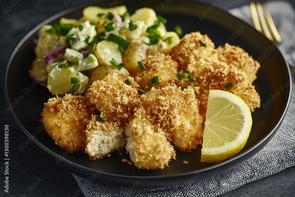 A delectable meal of crispy breaded chicken cutlets served with creamy potato salad and a lemon wedge, presented on a dark plate, creating a gourmet dining experience. A delectable meal of crispy breaded chicken cutlets served with creamy potato salad and a lemon wedge, presented on a dark plate, creating a gourmet dining experience.