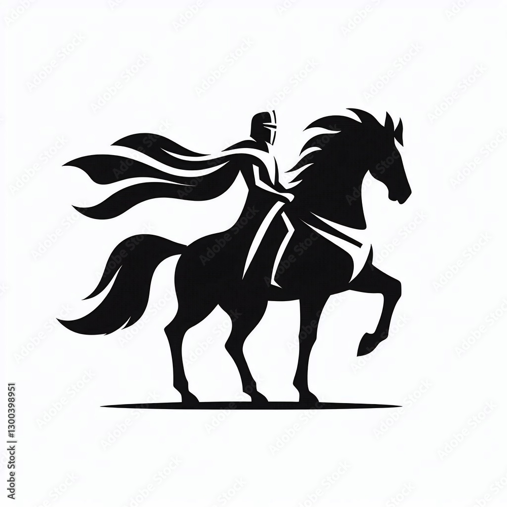 Silhouette of a knight in flowing cape riding a rearing horse. Silhouette of a knight in flowing cape riding a rearing horse.
