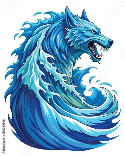 A colossal, ocean wave, sculpted into the shape of a snarling wolf, crashes dramatically against a rocky shore.