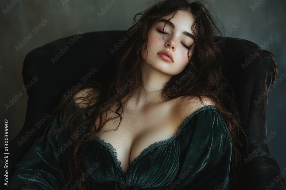 Naklejka premium Stunning Brunette Model in Green Velvet Dress, Portrait Photography, Fashion, Beauty, Elegance