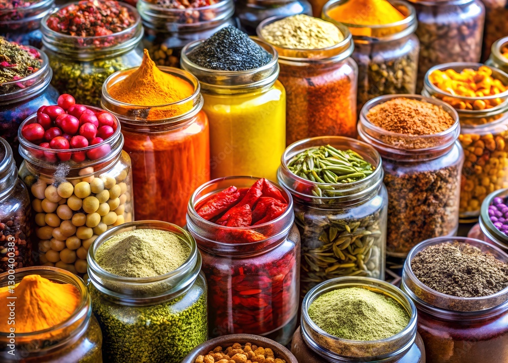 Colorful jars of spices showcase a vibrant array of culinary flavors and aromas. Colorful jars of spices showcase a vibrant array of culinary flavors and aromas.