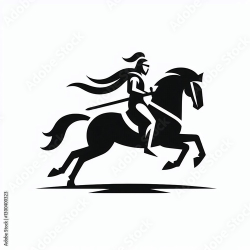 A knight in full armor riding a galloping horse, depicted in a minimalist black and white vector illustration style. photo