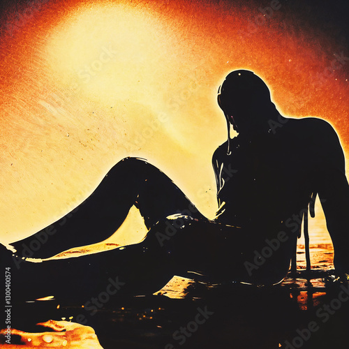 Silhouette of a person who is melting from heat or emotional overstrain. Conceptual photo about how a person burns out at work.