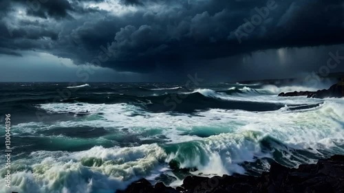 A vast and turbulent ocean under a dark, overcast sky