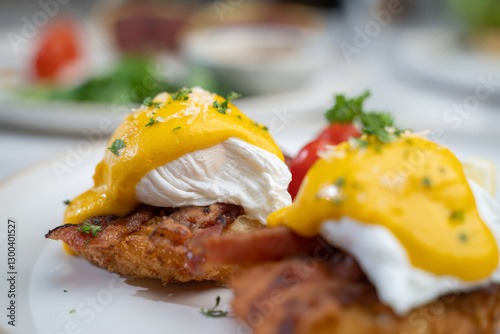 Obraz na plátně Delicious eggs benedict restaurant food photography bright atmosphere close-up c