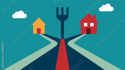 Two Paths A fork in the road where one path leads to expensive childcare with dollar signs and the other leads to a cozy home the tough choices parents must make.