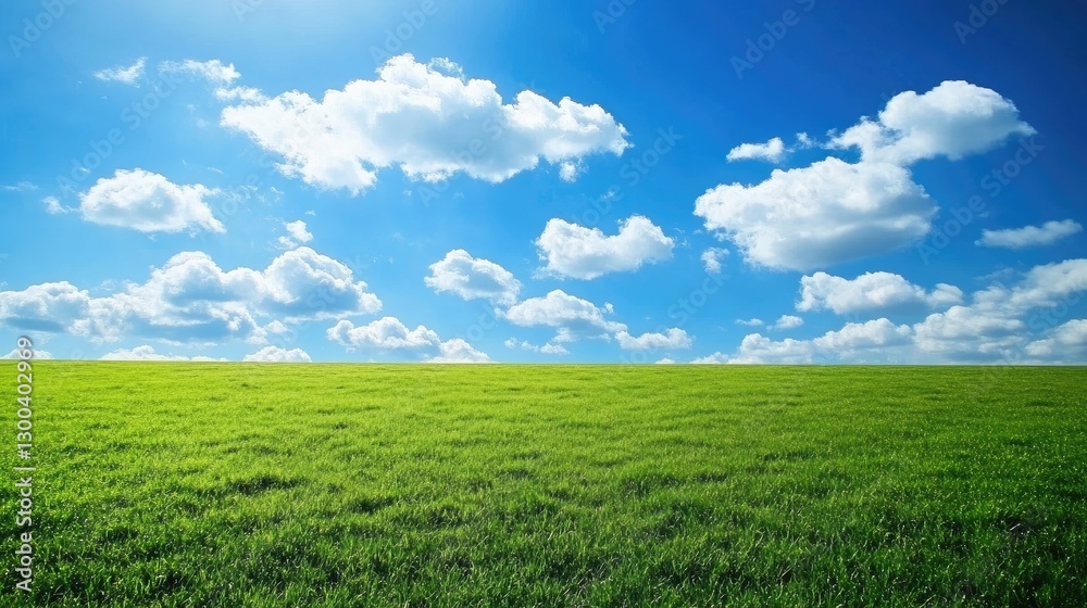 Obraz premium Rolling green landscapes stretch into the horizon under a crisp blue sky with fluffy white clouds, capturing the essence of simplicity