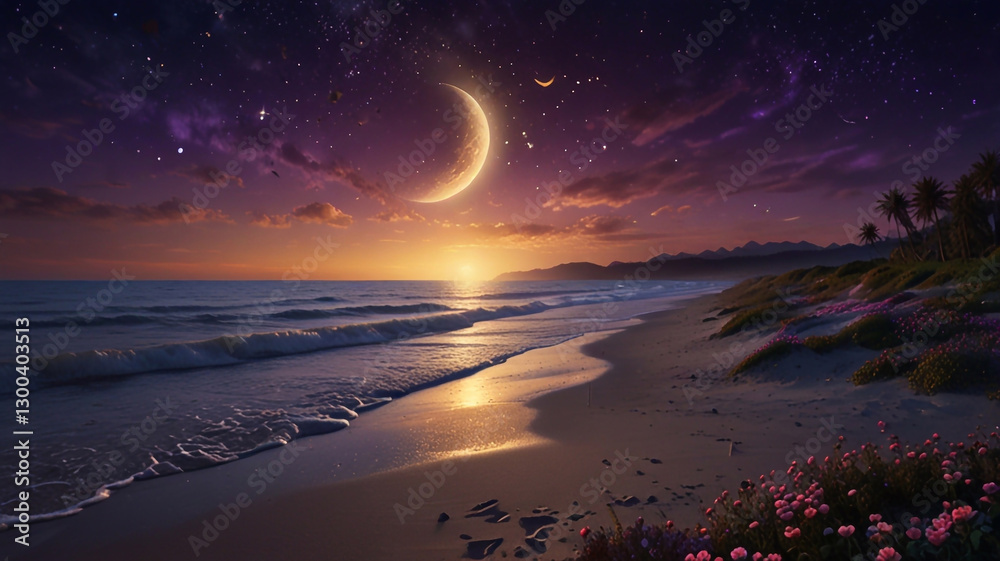 Obraz premium dreamlike illustration of a serene beach at night, illuminated by a glowing crescent moon. The sky is deep blue with vibrant stars and sparkling golden light forming a magical atmosphere