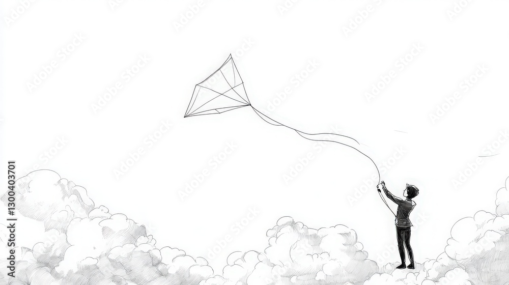 Whimsical sketch of a person soaring a kite above the clouds of imagination