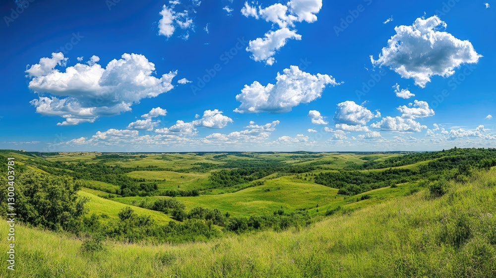 A breathtaking panoramic view of rolling hills blanketed in vibrant green, with a bright blue sky and puffy white clouds floating above A breathtaking panoramic view of rolling hills blanketed in vibrant green, with a bright blue sky and puffy white clouds floating above