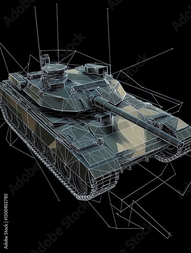 A modern vector illustration of a German main battle tank, rendered in an abstract low poly wireframe style. The tank is depicted using polygons, lines, and geometric shapes, showcasing a 3D perspect photo