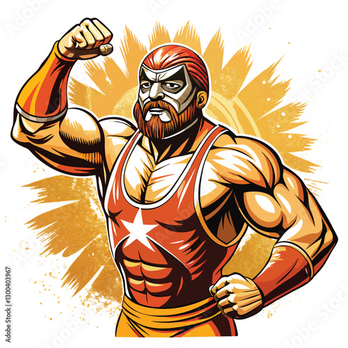 Create a vintage wrestling poster featuring a muscular wrestler flexing, showcasing powerful physique in bold colors and retro design elements.
