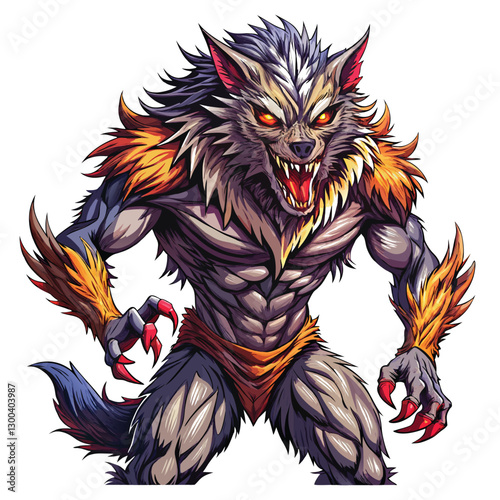 A terrifying werewolf mid-transformation, its fur partially grown,  revealing human features; dramatic lighting, intense expression.