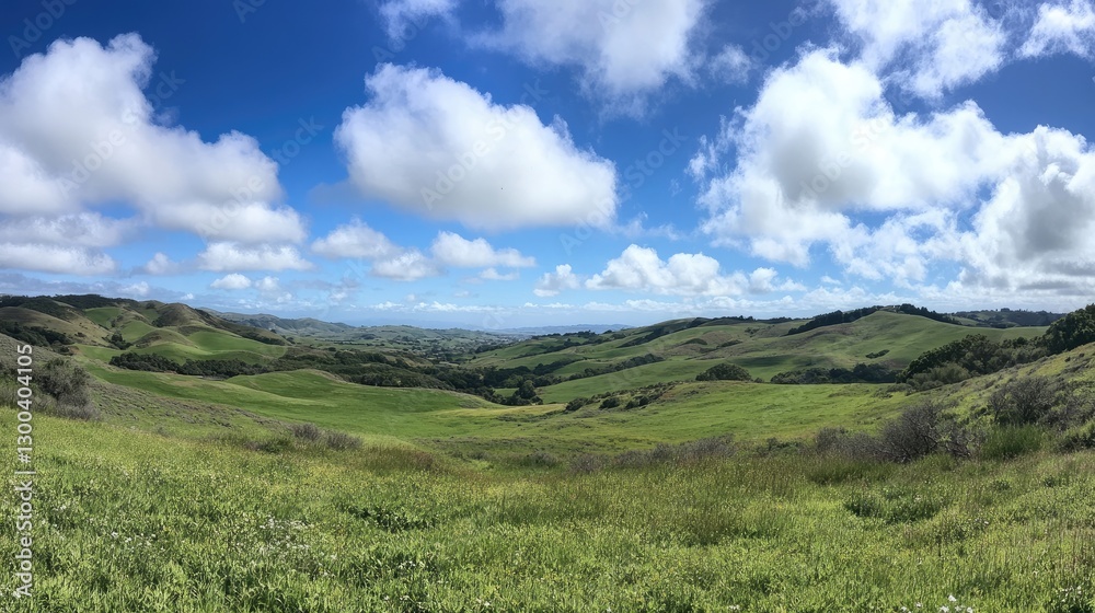 A bright, sunny day captured in a panoramic view of rolling hills, vibrant green grass, and a sky filled with scattered white clouds A bright, sunny day captured in a panoramic view of rolling hills, vibrant green grass, and a sky filled with scattered white clouds