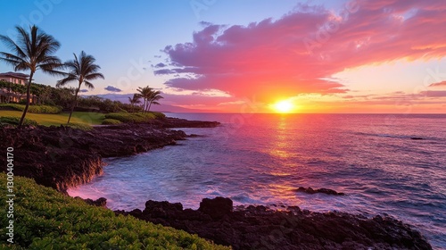 A stunning oceanfront property with a breathtaking sunset view, perfect for real estate listings, paradise, view