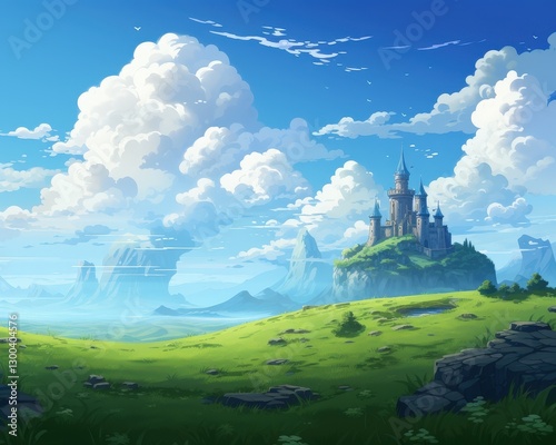 Animated castle on hill under blue sky & clouds. For fantasy games, backgrounds, and story illustration