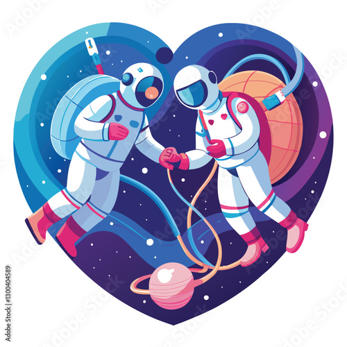 Two astronauts perform a spacewalk, tethered, amidst the star-dusted blackness of space; their oxygen tanks visible.  Focus on their expressions and the vastness of space.